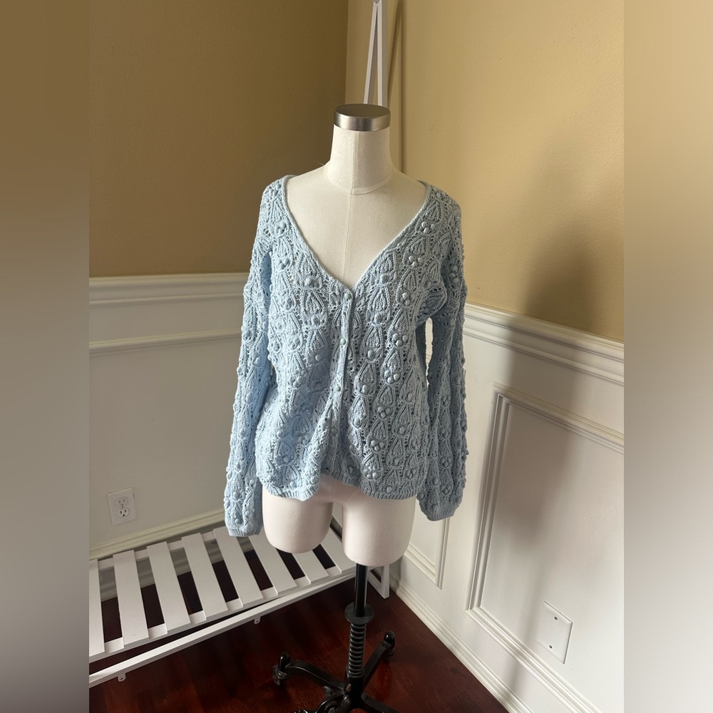 Sezane Light Blue Crochet Cardigan Sweater
